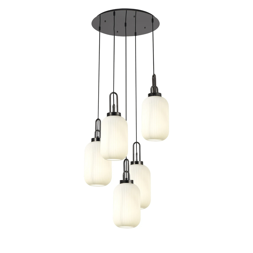 Photograph: Idolite Camille Round 5 Light Pendant With 20cm Tubular Ribbed Glass, Black Chrome/Matt Black Opal