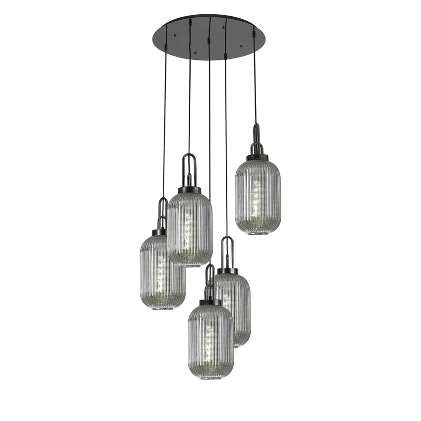 Photograph: Idolite Camille Round 5 Light Pendant With 20cm Tubular Ribbed Glass, Black Chrome/Matt Black Smoked