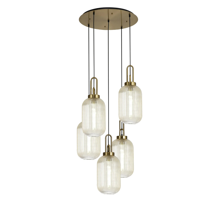 Photograph: Idolite Camille Round 5 Light Pendant With 20cm Tubular Ribbed Glass, Brass Gold/Matt Black Champagne