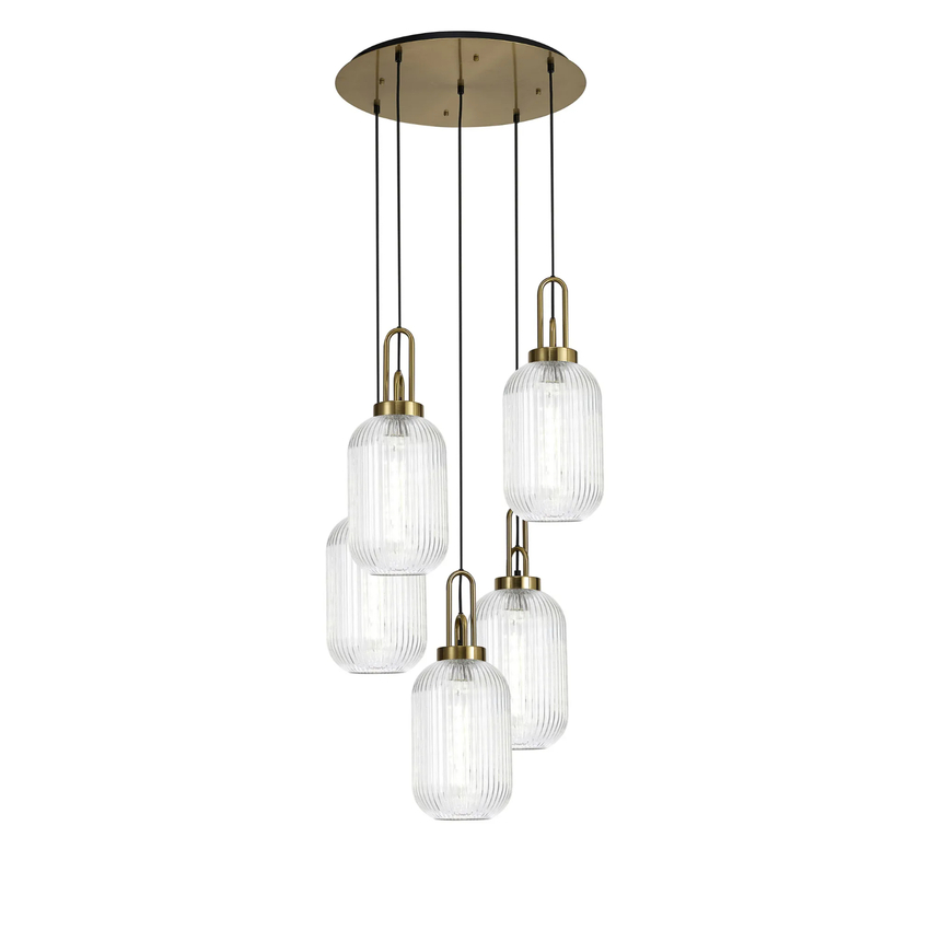 Photograph: Idolite Camille Round 5 Light Pendant With 20cm Tubular Ribbed Glass, Brass Gold/Matt Black Clear