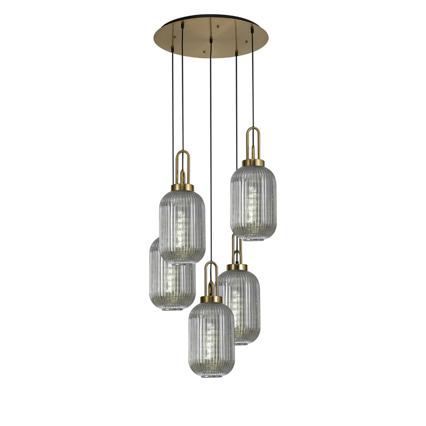 Photograph: Idolite Camille Round 5 Light Pendant With 20cm Tubular Ribbed Glass, Brass Gold/Matt Black Smoked