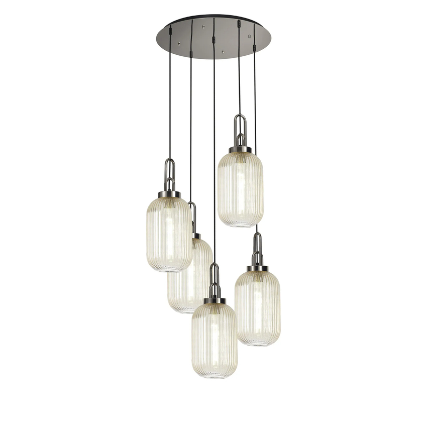 Photograph: Idolite Camille Round 5 Light Pendant With 20cm Tubular Ribbed Glass, Polished Nickel/Matt Black Champagne