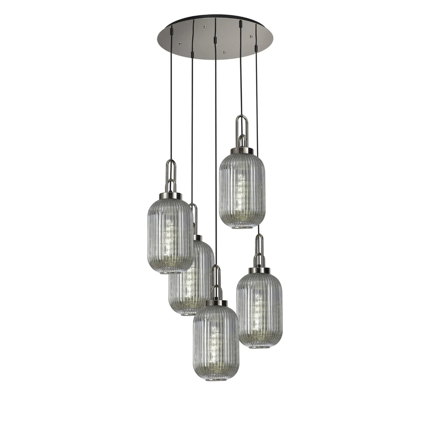 Photograph: Idolite Camille Round 5 Light Pendant With 20cm Tubular Ribbed Glass, Polished Nickel/Matt Black Smoked