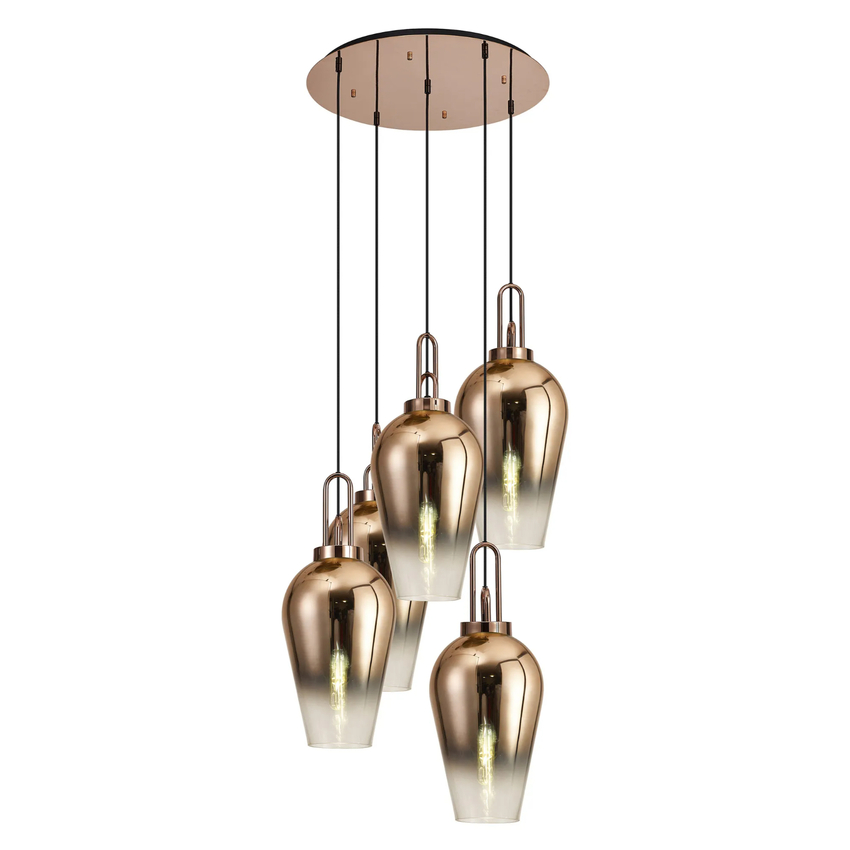 Photograph: Idolite Camille Round 5 Light Pendant With 23cm Pear Glass, Copper/Matt Black Copper/Clear
