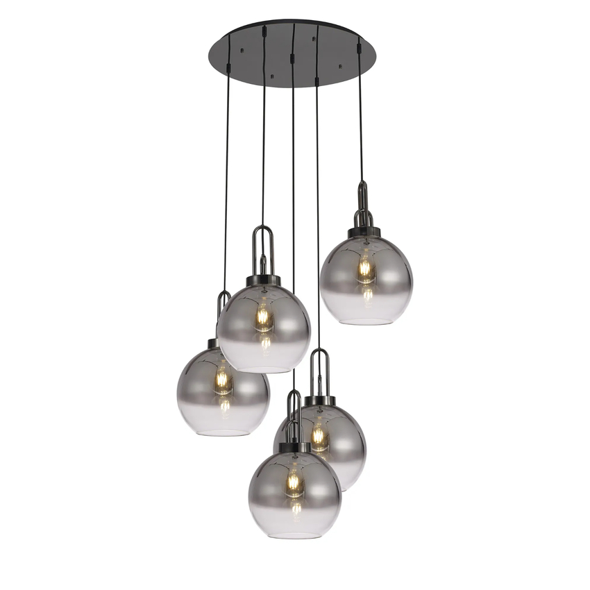 Photograph: Idolite Camille Round 5 Light Pendant With 30cm Globe Glass, Black Chrome/Matt Black Smoked/Clear