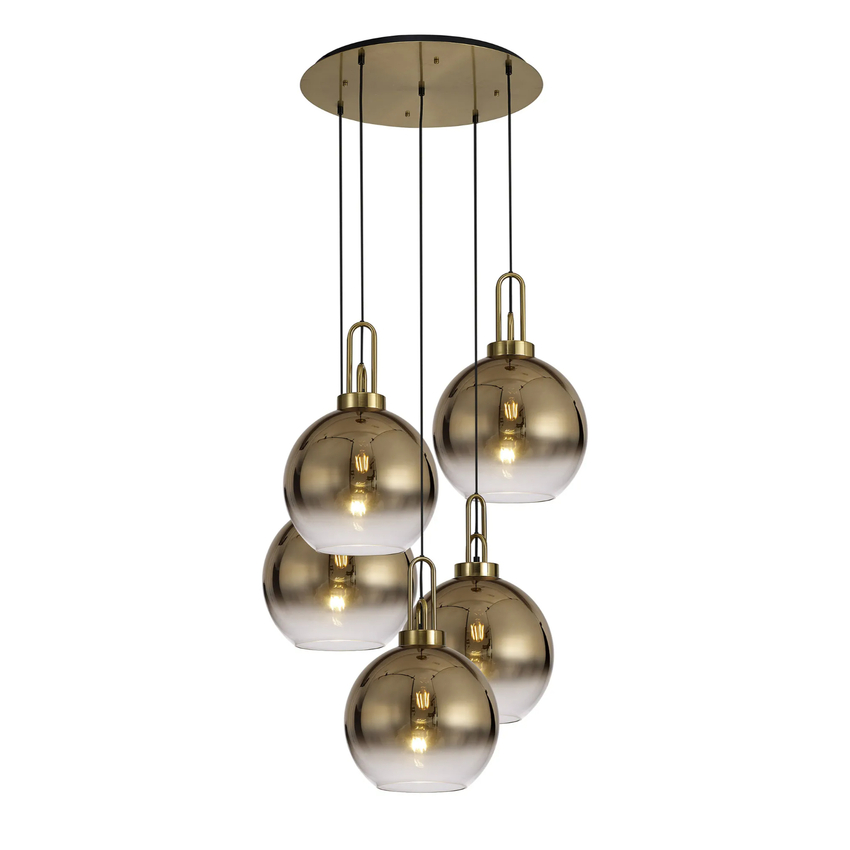 Photograph: Idolite Camille Round 5 Light Pendant With 30cm Globe Glass, Brass Gold/Matt Black Brass Gold/Clear