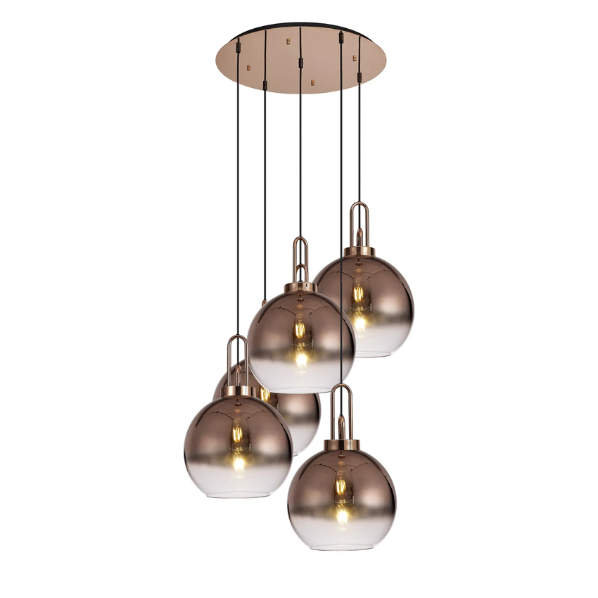 Photograph: Idolite Camille Round 5 Light Pendant With 30cm Globe Glass, Copper/Matt Black Copper/Clear