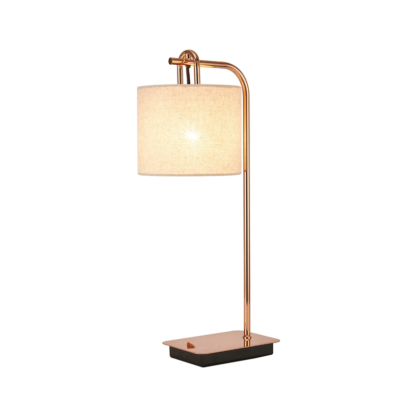 Photograph: Idolite Camille Table Lamp, 1 Light E27, Copper/Matt Black/Sandstone 20x16.5cm Linen Shade