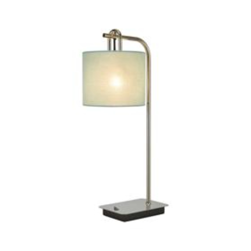 Photograph: Idolite Camille Table Lamp, 1 Light E27, Polished Nickel/Matt Black/Duck Egg 20x16.5cm Linen Shade