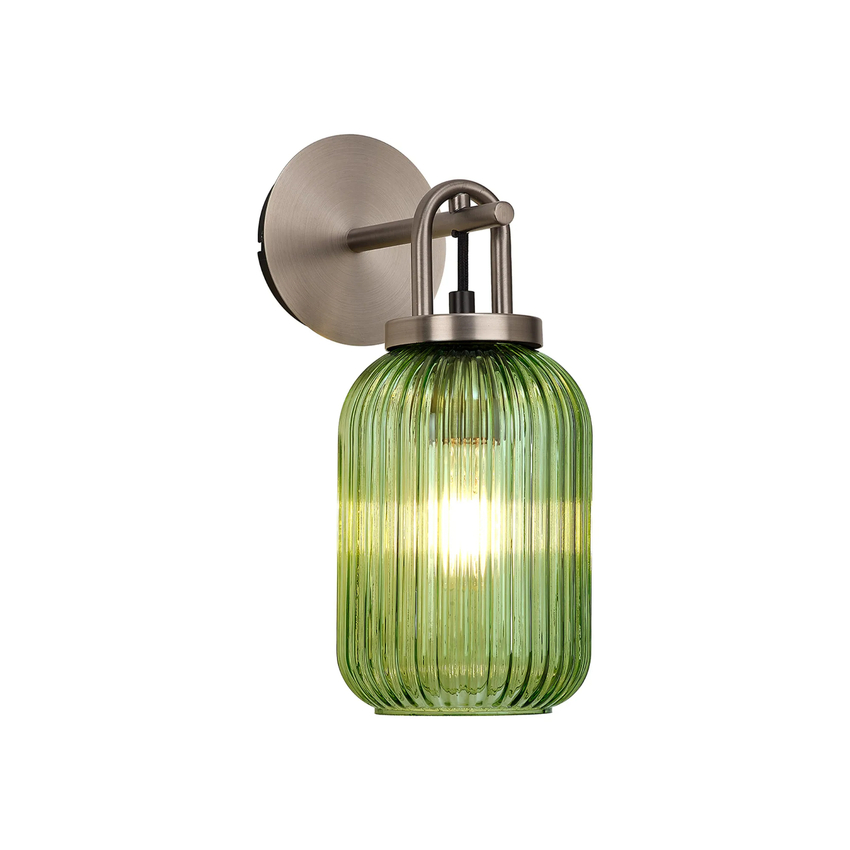 Photograph: Idolite Camille Wall Light Switched, 1 x E27, Antique Silver With 14cm Tubular Ribbed Glass, Green