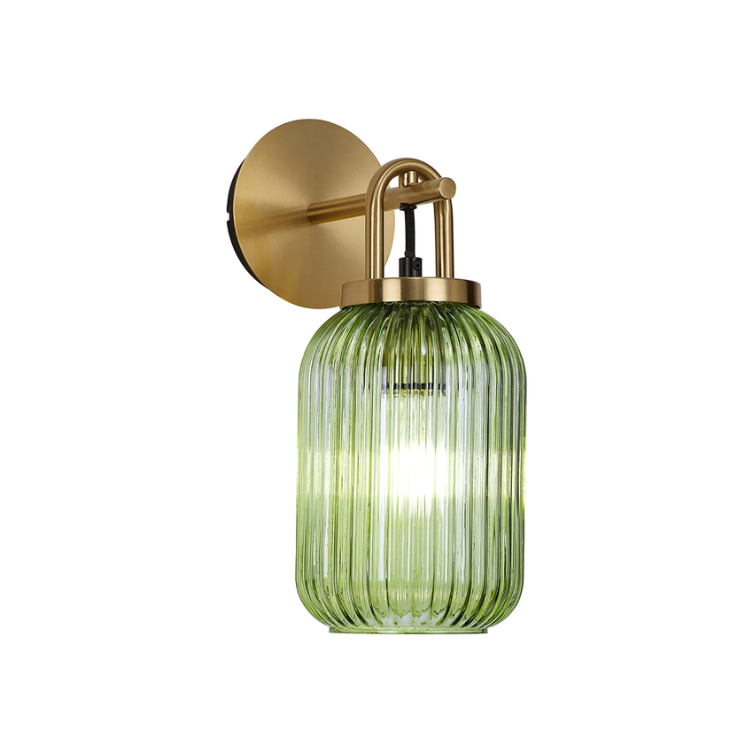 Photograph: Idolite Camille Wall Light Switched, 1 x E27, Brass Gold With 14cm Tubular Ribbed Glass, Green