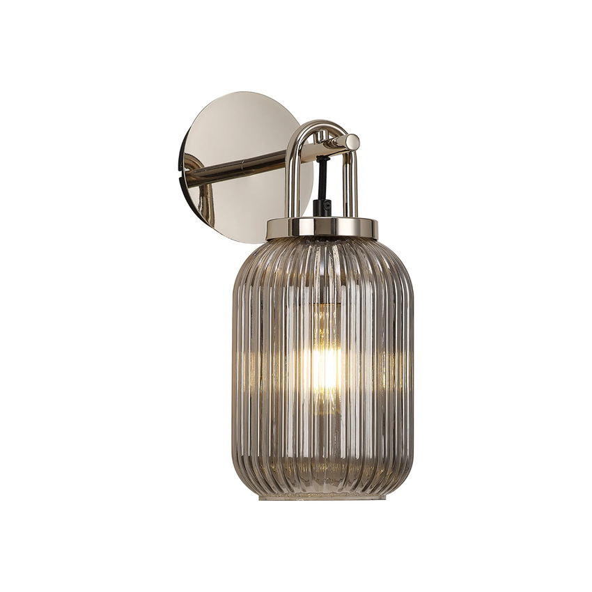 Photograph: Idolite Camille Wall Light Switched, 1 x E27, Polished Nickel With 14cm Tubular Ribbed Glass, Smoked