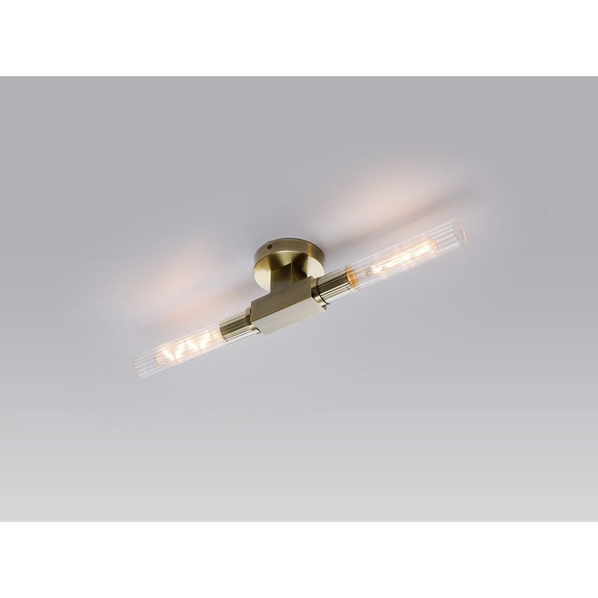 Photograph: Idolite Carey Antique Brass 2 Light Flush Bathroom Ceiling Light With Clear Ribbed Glass Shades - IP44