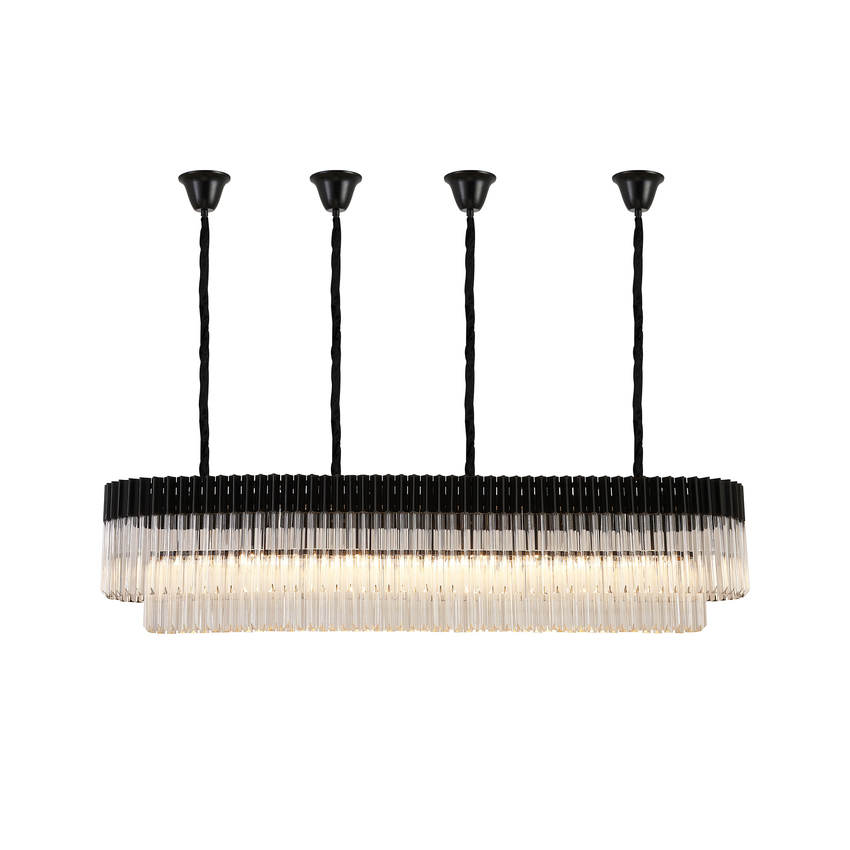 Photograph: Idolite Carpathian 9 Light Large 1.8m Linear Bar Pendant Chandelier In Black With Clear Glass (Individual Ceiling Cups)