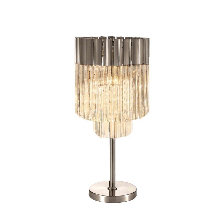 Photograph: Idolite Carpathian Polished Nickel 3 Light Table Lamp C/W Clear Glass Drops