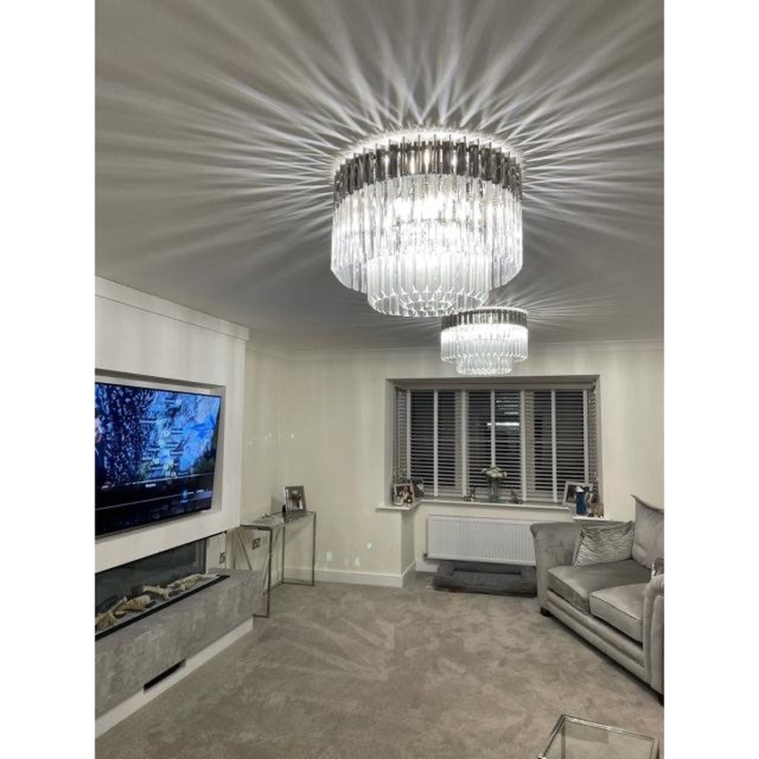 Photograph: Idolite Carpathian Polished Nickel 7 Light Flush Ceiling Light C/W Clear Glass Drops