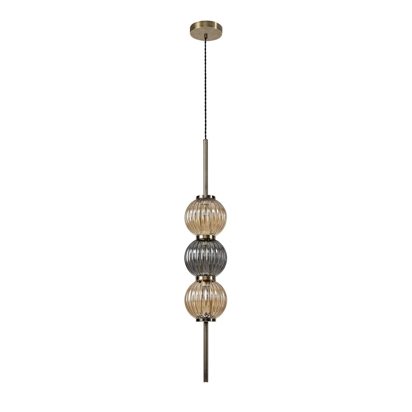 Photograph: Idolite Cascade Antique Brass Finish 3 Light Pendant With Smoked & Amber Ribbed Glass