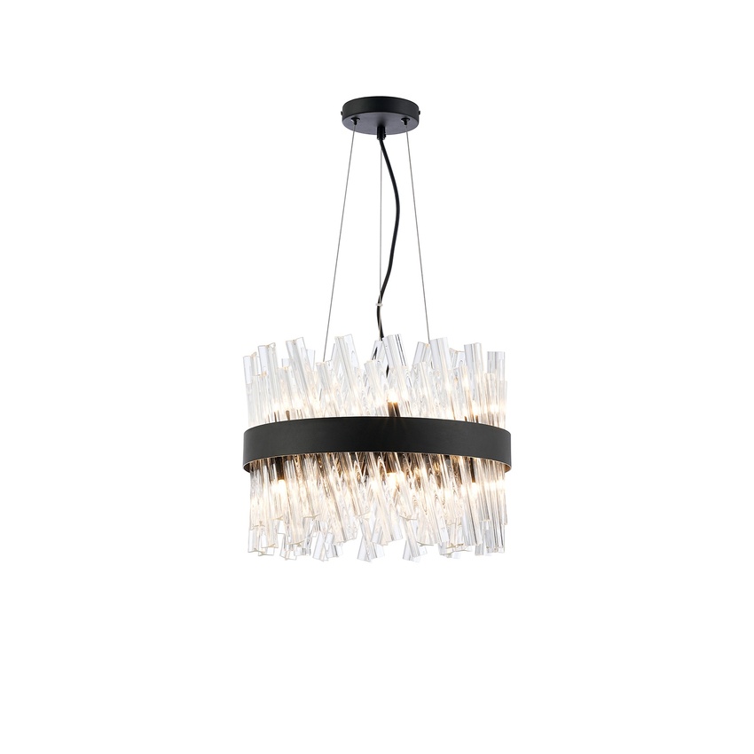 Photograph: Idolite Caspian 10 Light Round Pendant Satin Black With Clear Glass Rods