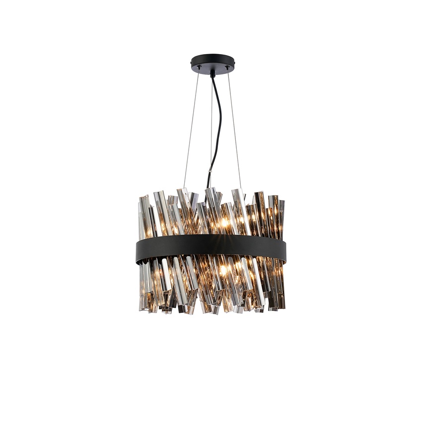 Photograph: Idolite Caspian 10 Light Round Pendant Satin Black With Smoked Glass Rods