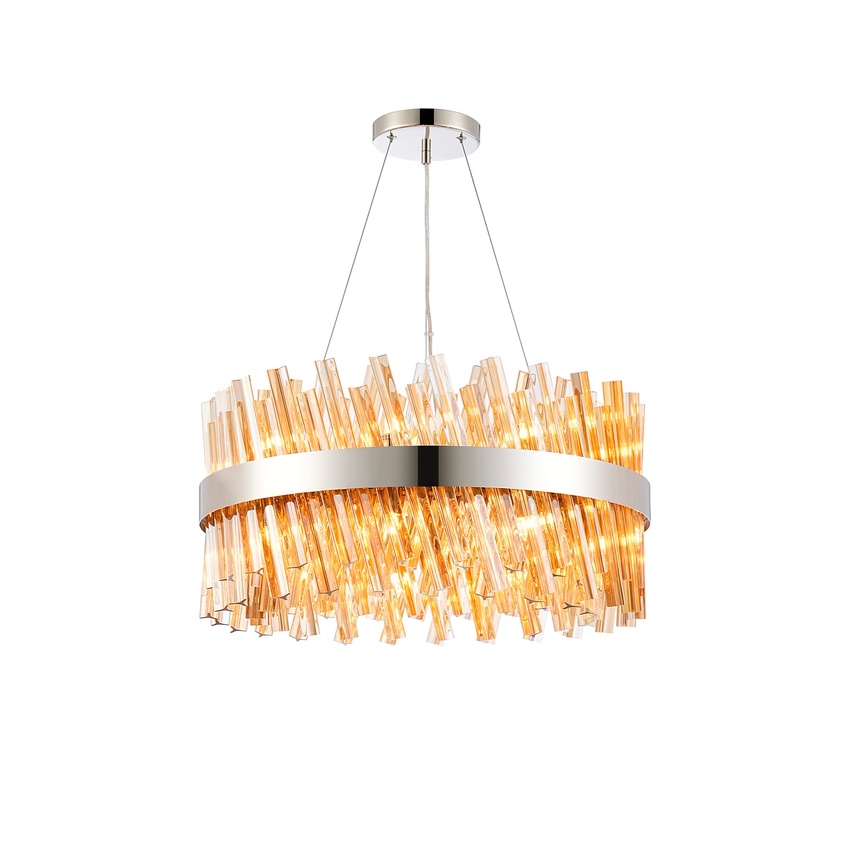 Photograph: Idolite Caspian 18 Light Round Pendant Polished Nickel With Amber Glass Rods