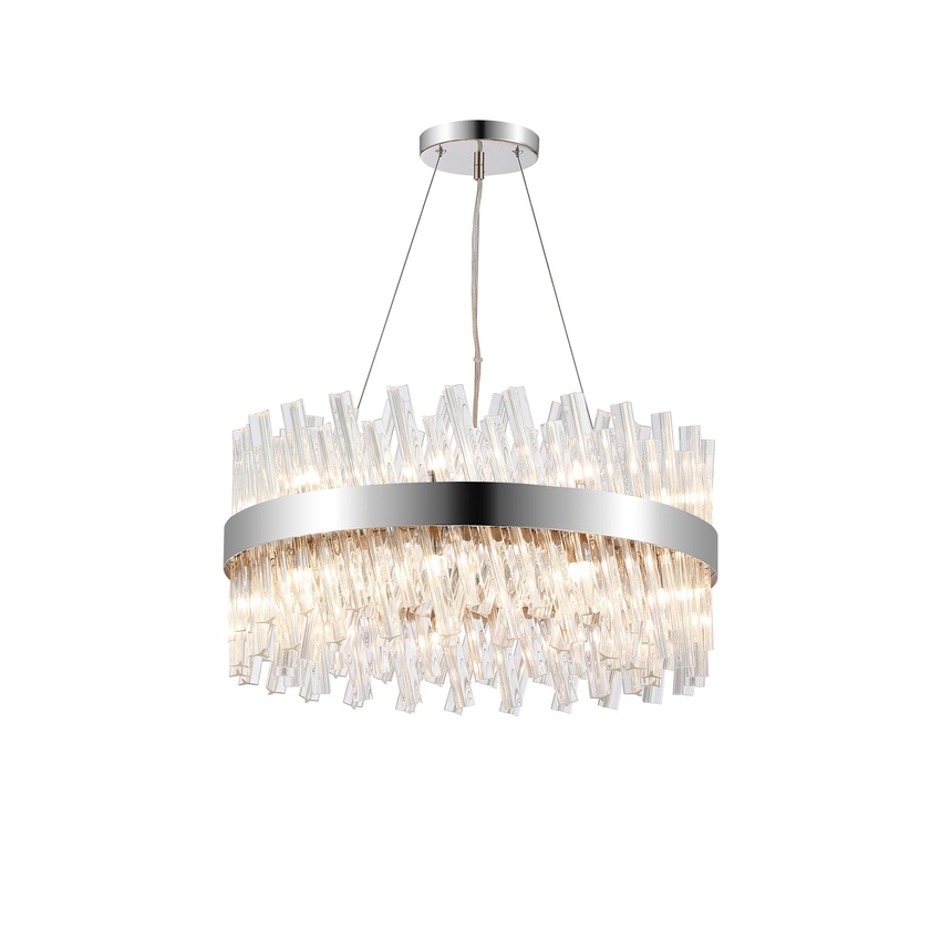 Photograph: Idolite Caspian 18 Light Round Pendant Polished Nickel With Clear Glass Rods