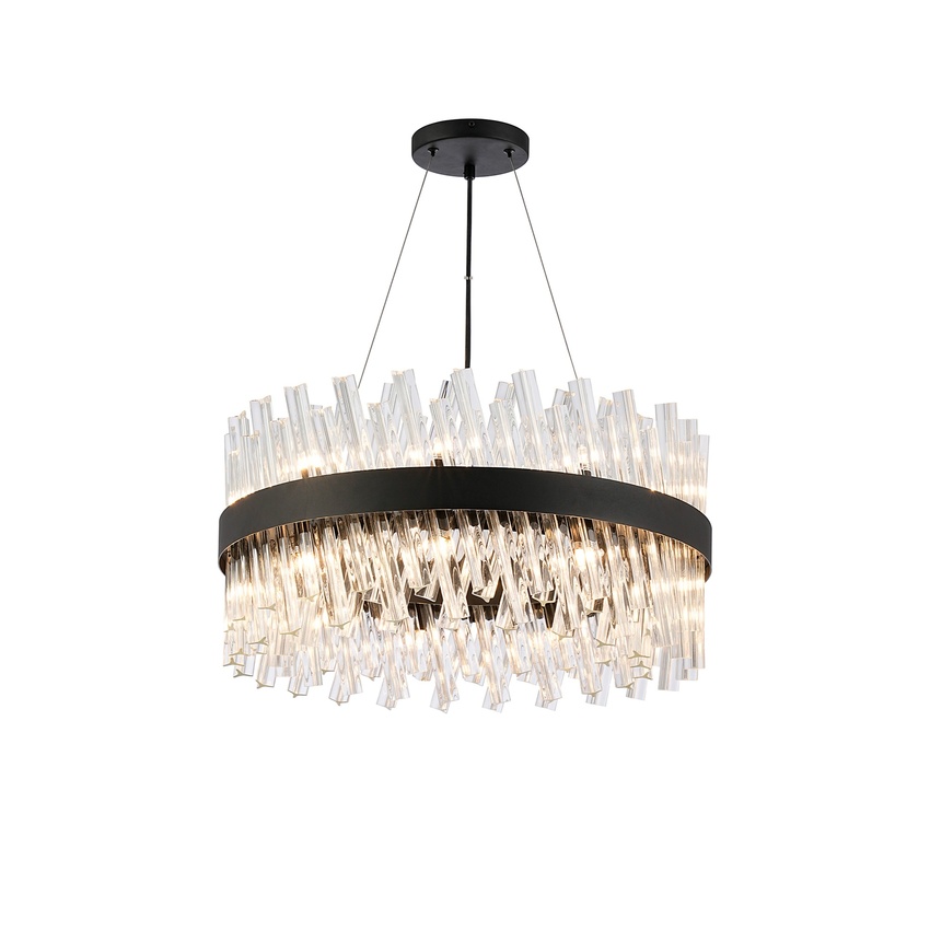 Photograph: Idolite Caspian 18 Light Round Pendant Satin Black With Clear Glass Rods