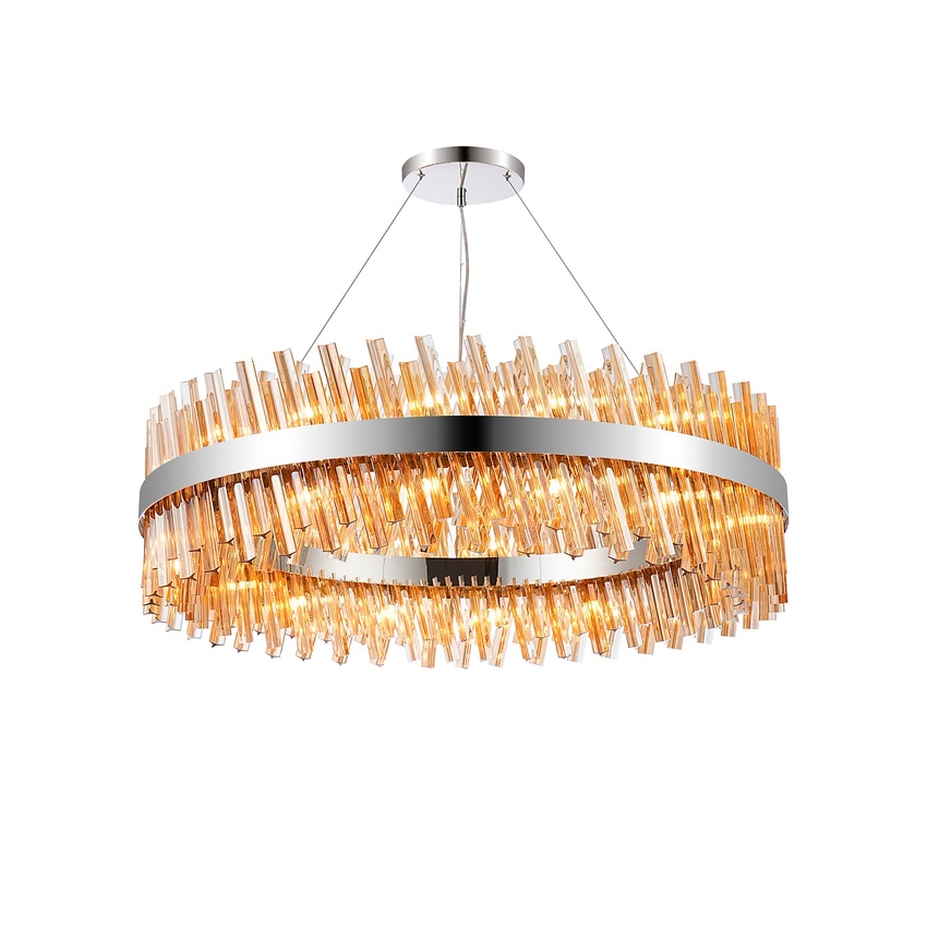 Photograph: Idolite Caspian 32 Light Round Pendant Polished Nickel With Amber Glass Rods