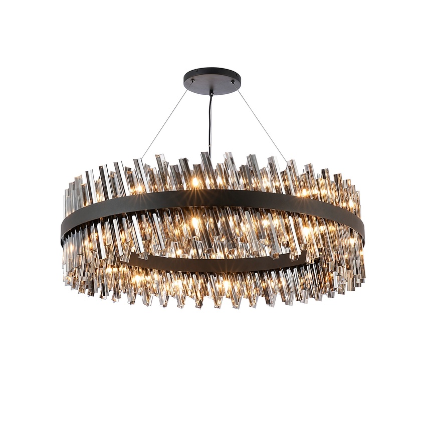 Photograph: Idolite Caspian 32 Light Round Pendant Satin Black With Smoked Glass Rods