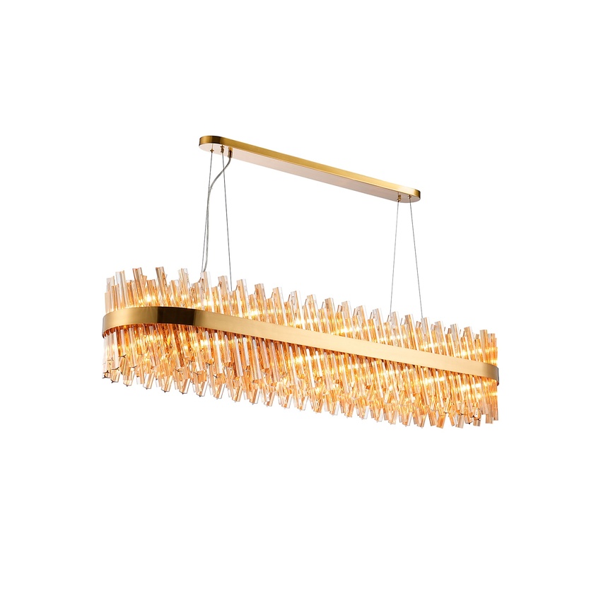 Photograph: Idolite Caspian 36 Light Large Linear Bar Pendant Brass With Amber Glass Rods