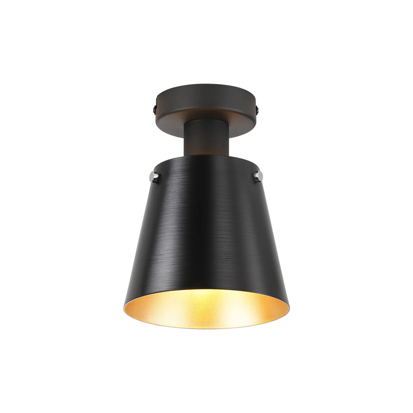 Photograph: Idolite Coughlan 1 Light Black Semi-Flush Ceiling Light Complete With Black/Gold Metal Shade