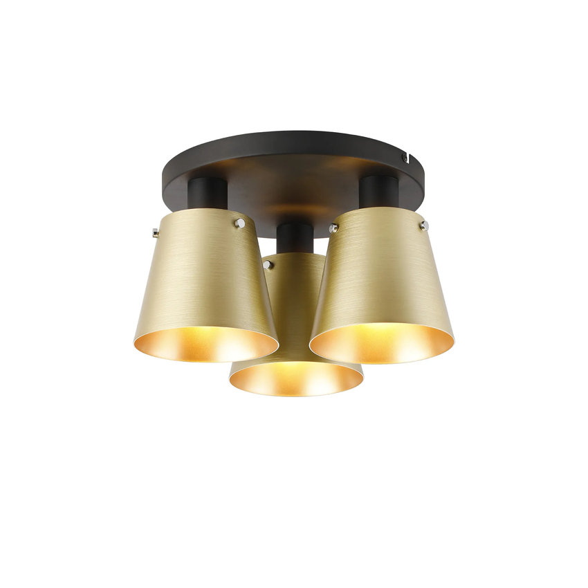 Photograph: Idolite Coughlan 3 Light Black Flush Ceiling Light Complete With Light Brass/Gold Metal Shades