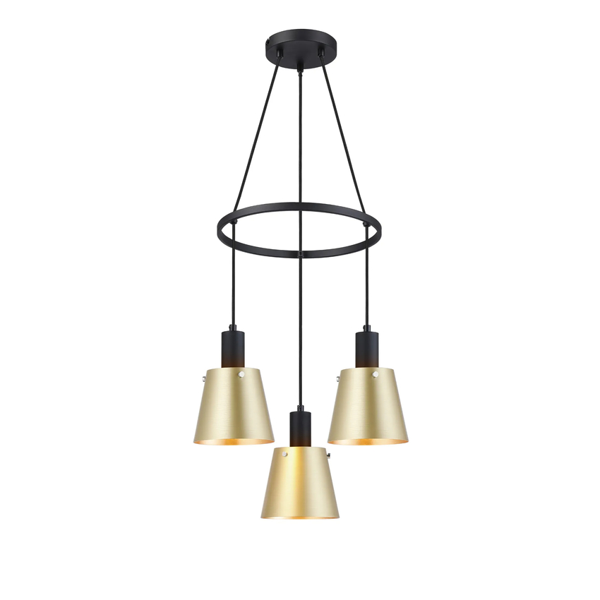 Photograph: Idolite Coughlan 3 Light Black Ring Ceiling Pendant Light Complete With Brass/Gold Metal Shades