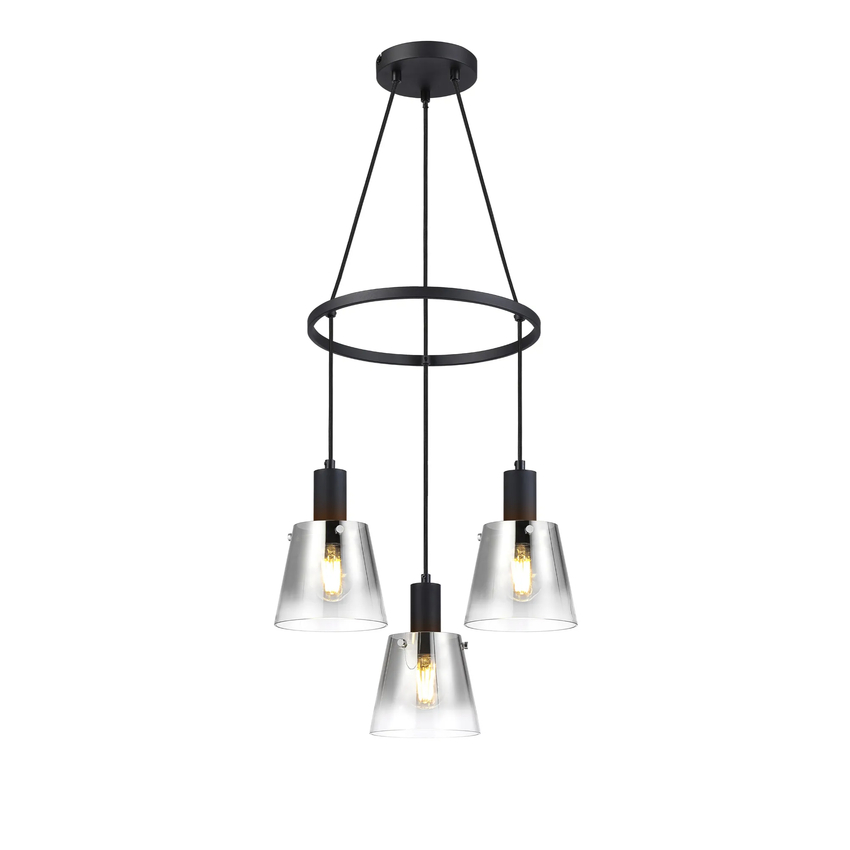 Photograph: Idolite Coughlan 3 Light Black Ring Ceiling Pendant Light Complete With Smoke Faded Glass Shades