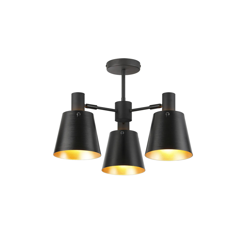 Photograph: Idolite Coughlan 3 Light Black Semi-Flush Ceiling Light Complete With Black/Gold Metal Shades