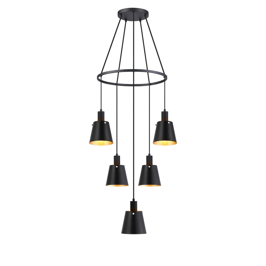 Photograph: Idolite Coughlan 5 Light Black Ring Ceiling Pendant Light Complete With Black/Gold Metal Shades