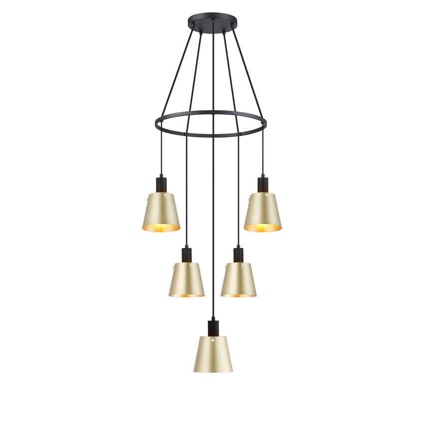 Photograph: Idolite Coughlan 5 Light Black Ring Ceiling Pendant Light Complete With Brass/Gold Metal Shades