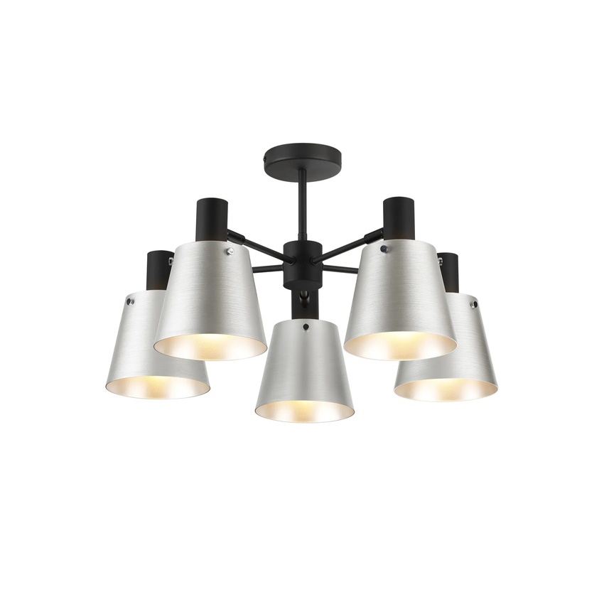 Photograph: Idolite Coughlan 5 Light Black Semi-Flush Ceiling Light Complete With Light Grey/Silver Metal Shades