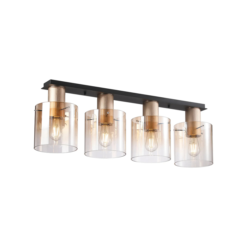 Photograph: Idolite Crewe 100 x 20cm 4 Light Linear Flush Ceiling Light Titanium Gold/Satin Black With Amber Fade Glass