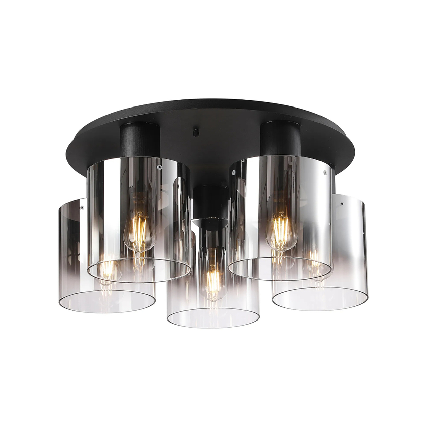 Photograph: Idolite Crewe 60cm 5 Light Round Flush Ceiling Light Satin Black With Smoke Fade Glass
