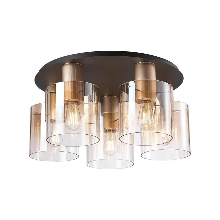 Photograph: Idolite Crewe 60cm 5 Light Round Flush Ceiling Light Titanium Gold/Satin Black With Amber Fade Glass
