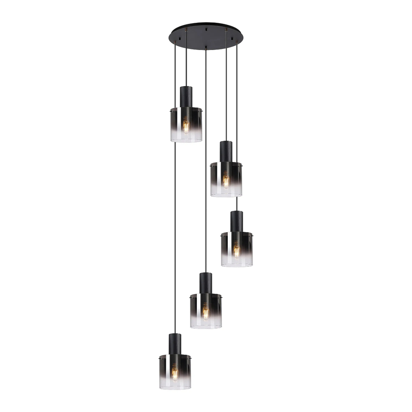 Photograph: Idolite Crewe 60cm Round 5 Light Cluster Pendant Satin Black With Smoke Fade Glass