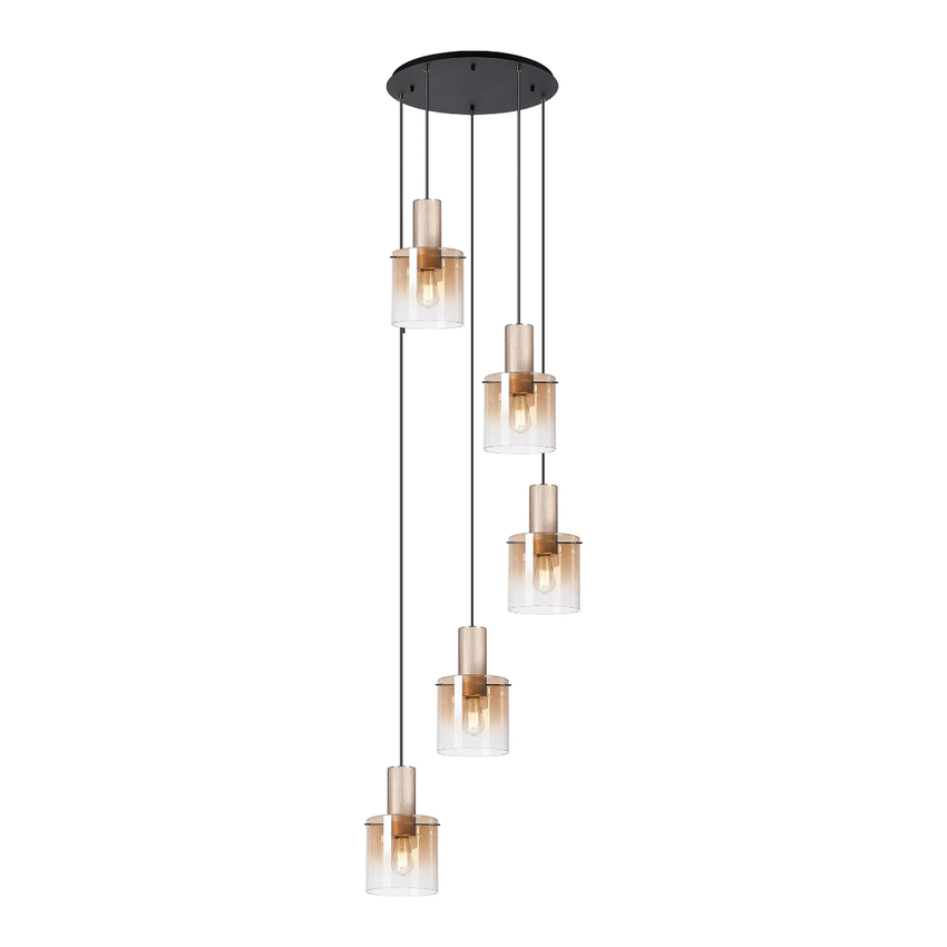 Photograph: Idolite Crewe 60cm Round 5 Light Cluster Pendant Titanium Gold/Satin Black With Amber Fade Glass
