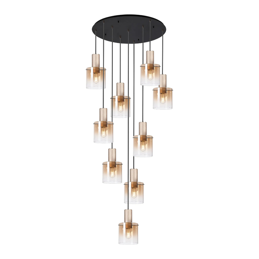Photograph: Idolite Crewe 98cm Round 9 Light Cluster Pendant Titanium Gold/Satin Black With Amber Fade Glass