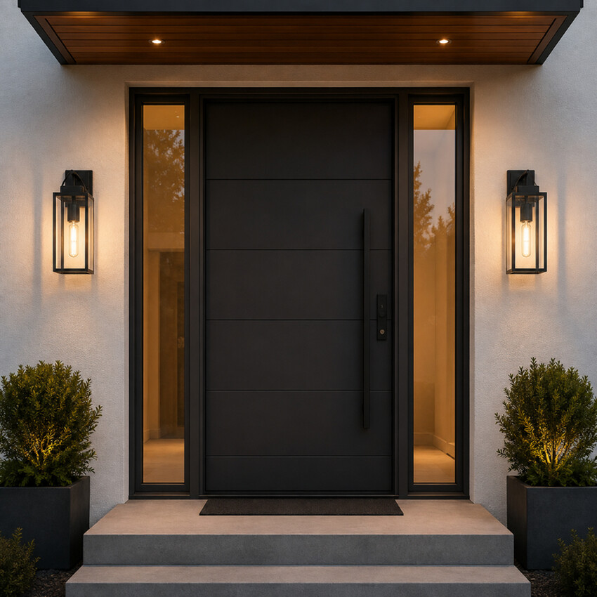 Photograph: Idolite Derby Satin Black Vertical Exterior Wall Light With Clear Glass - IP54