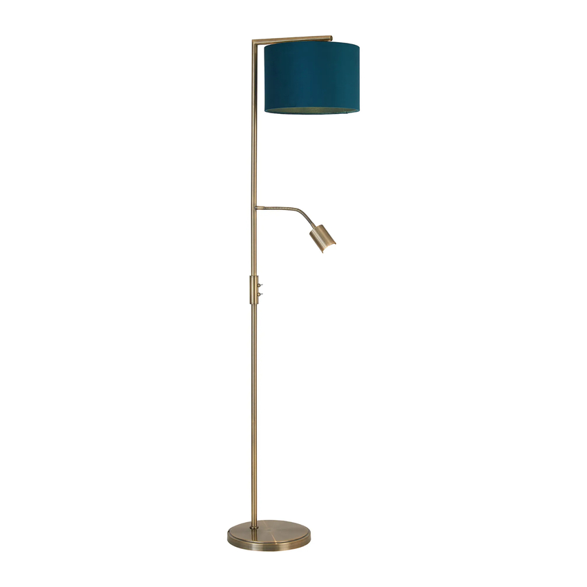Photograph: Idolite Devine Floor Lamp, 1 Light E27, Antique Brass/Teal 30x20cm Velvet Shade
