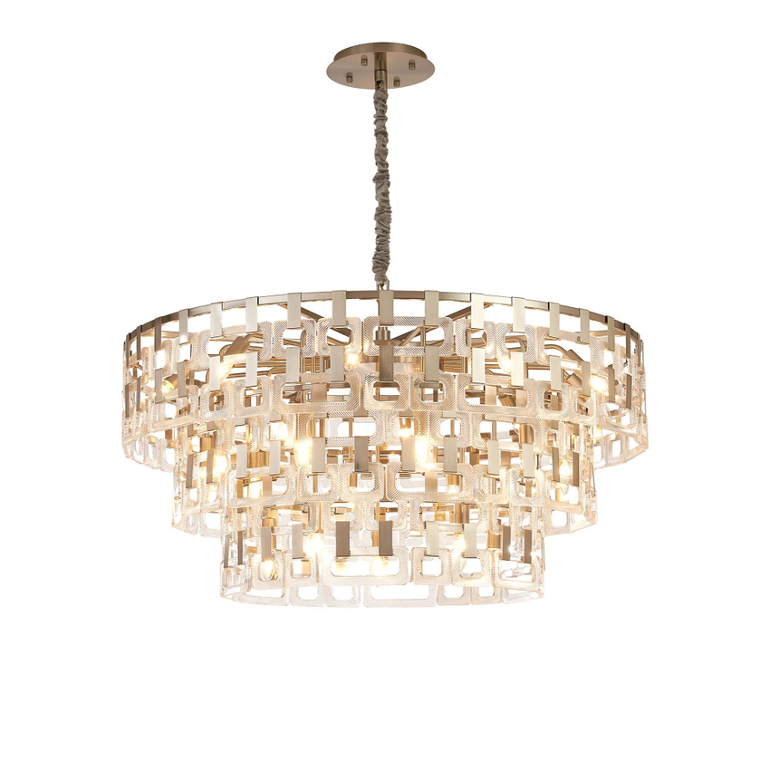 Photograph: Idolite Duskie 100cm 3 Tier Satin Nickel Pendant Light Complete With Clear Glass