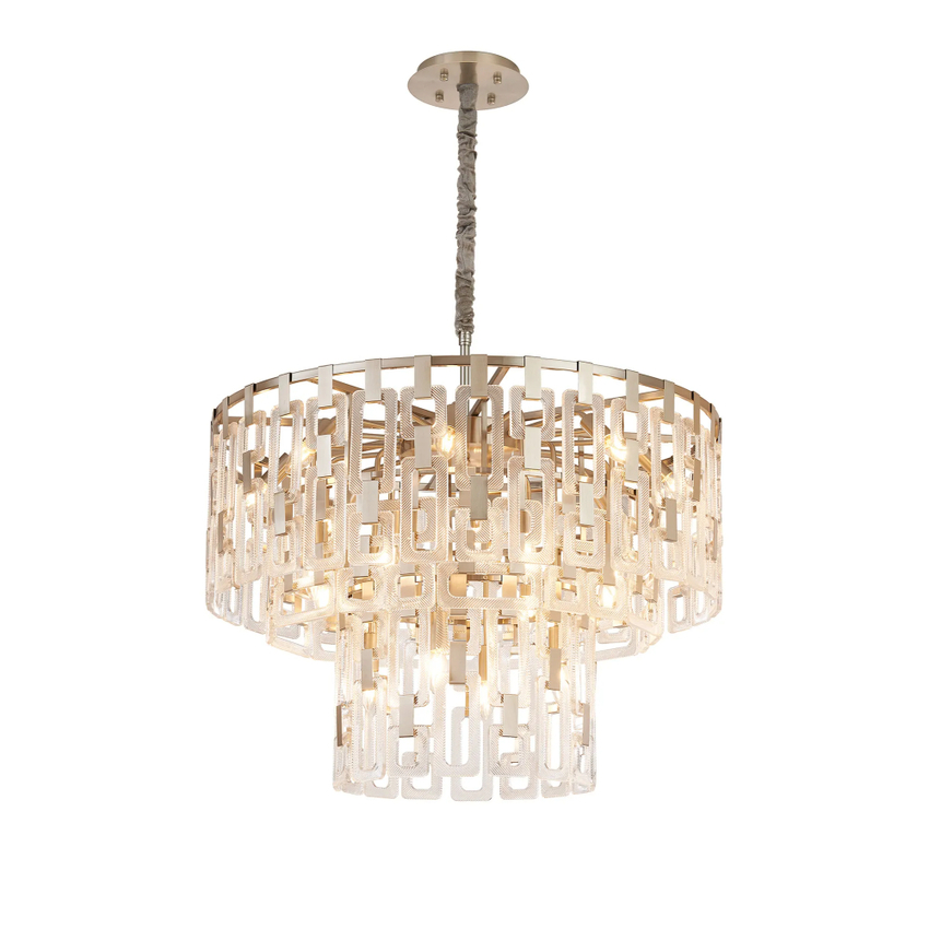 Photograph: Idolite Duskie 83cm 3 Tier Satin Nickel Pendant Light Complete With Clear Glass