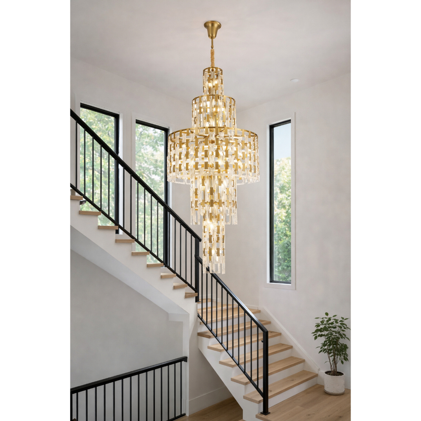 Photograph: Idolite Duskie Extra Large Multi Tier Matt Gold Stairway Pendant Light Complete With Clear Glass
