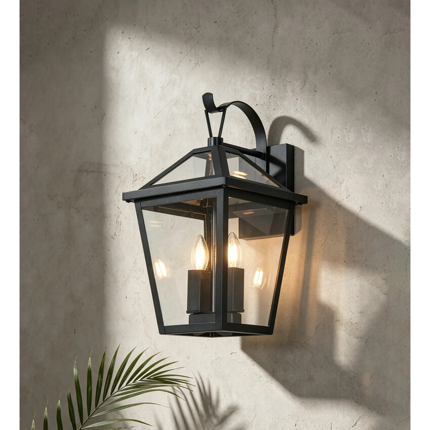 Photograph: Idolite Eccleshall Square Tapered Black Medium Wall Lantern Complete With Clear Glass - IP54