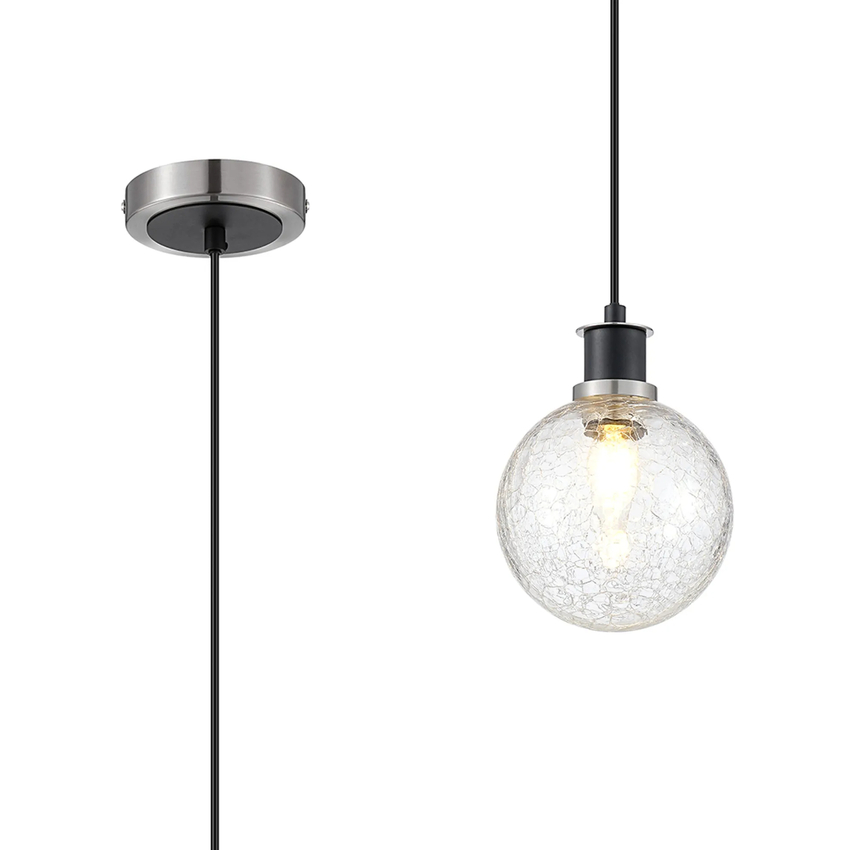 Photograph: Idolite Haughton IP 1.3m Pendant, 1 x E14 With 15cm Round Crackled Glass Shade, Satin Nickel, Clear & Satin Black